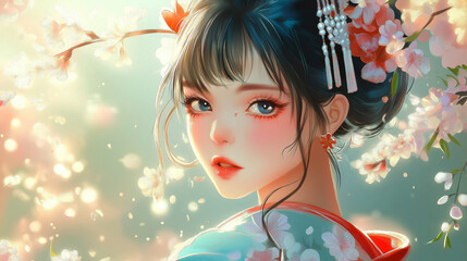 Cartoon beautiful Japanese girl illustration
