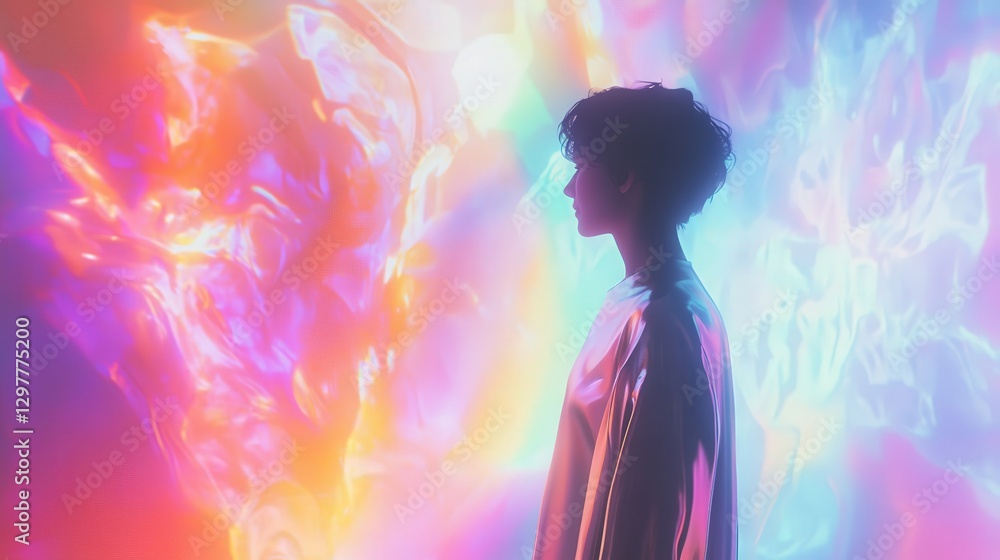 Poster holographic foil background with dynamic shifting reflections, seamlessly transitioning between neon