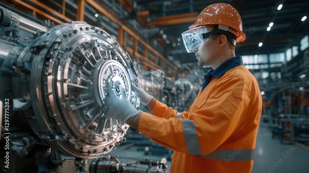 Poster factory where a male engineer uses augmented reality to visualize and manipulate a holographic engin