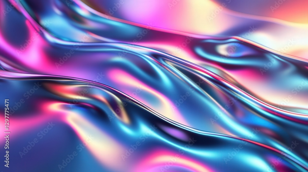 Poster holographic foil design with dynamic shifting light, creating a futuristic metallic texture that glo
