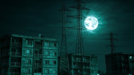 Eerie moonlight illuminates the derelict urban landscape showcasing desolation vulnerability and the resilient spirit of a forgotten place