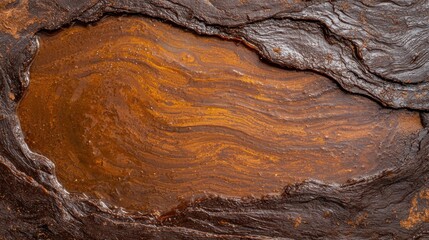 Abstract texture of brown liquid or mud with golden streaks.