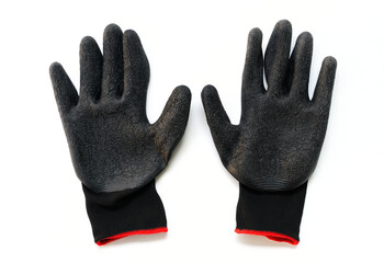 Black rubber coated cloth gloves isolated on white background, Left and right gloves