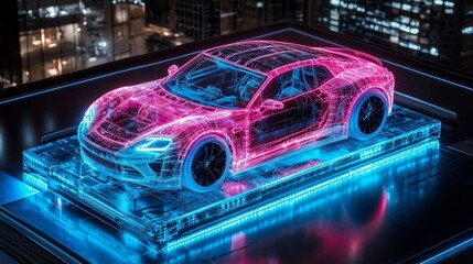 Obraz premium Futuristic glowing sports car concept design with neon lights and digital city background for automotive and technology enthusiasts