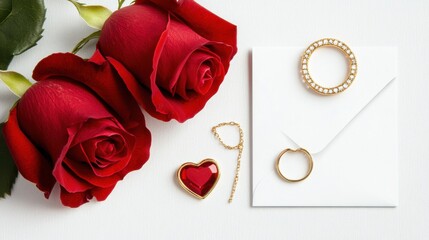Romantic Valentine's Day Still Life with Red Roses and Gold Jewelry
