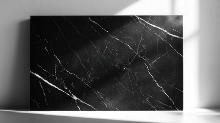 black marble tabletop with sleek white veins, casting bold abstract shadows on a clean white backdrop under soft lighting
