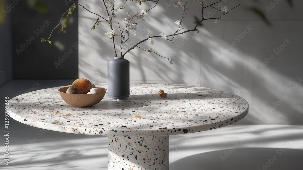 Aufkleber terrazzo-style marble table with embedded natural stone patterns, accentuated by soft abstract shado