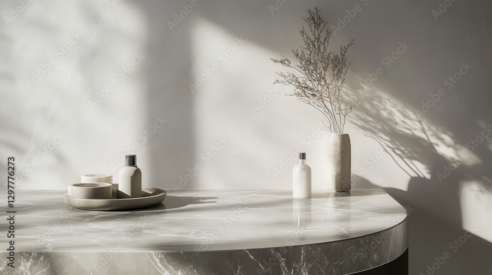 Poster smooth gray marble tabletop with a soft matte finish, enhanced by delicate shadow overlays on a neut