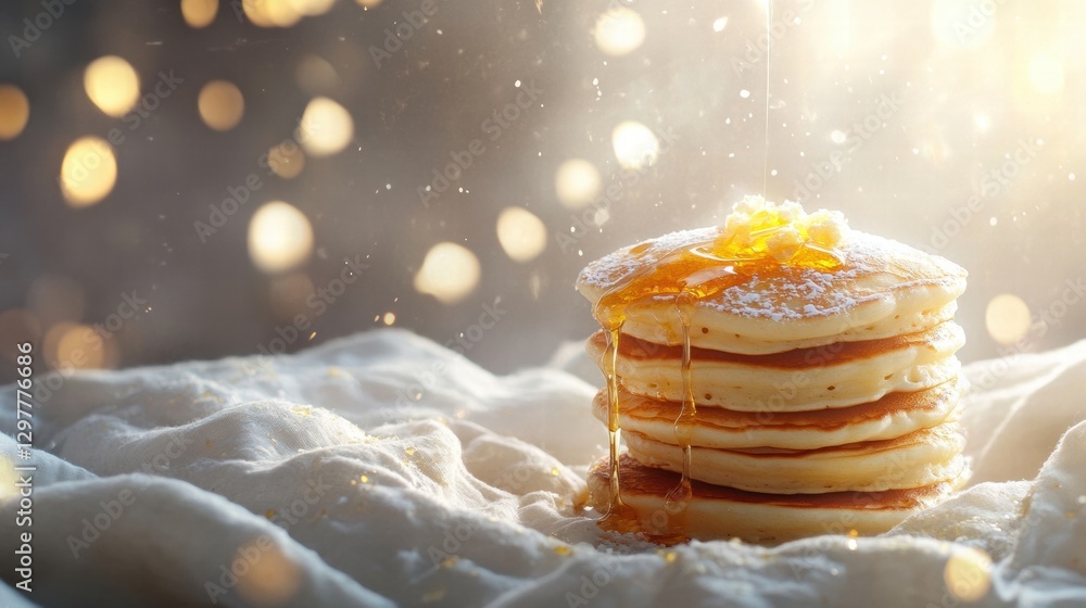 Poster Stack of fluffy pancakes drizzled with syrup on a plate with a warm, cozy atmosphere in the background. Generative AI