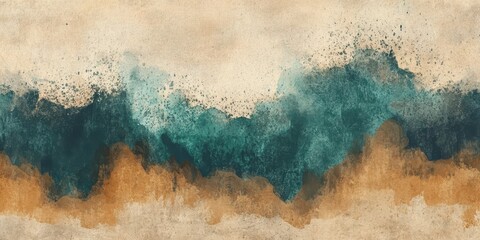 Abstract Landscape Painting With Teal Beige And Brown Hues Textured Background Mountain Range Artistic Modern Design Contemporary Art Wall Art Home