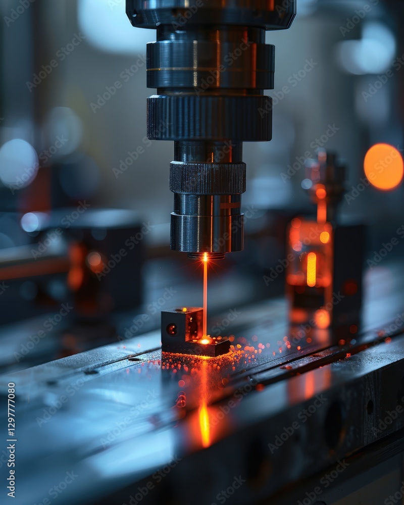 Poster precision laser cutting machine in action, close-up view of a laser beam precisely cutting a small m