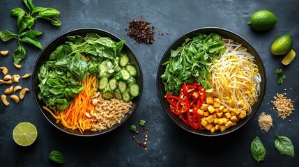Two bowls filled with colorful vegetables and noodles on a wooden table