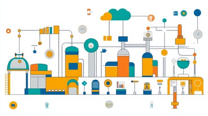 Abstract Production Process Illustration Depicting Manufacturing Factory with Colorful Geometric Shapes and Line Art for Industrial Use