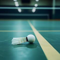 A shuttlecock resting on the smooth surface of a badminton court, with the court lines clearly visible in the background