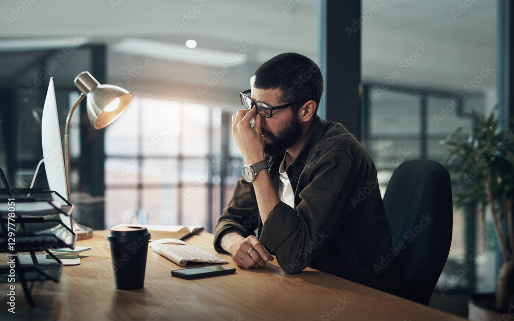Aufkleber Burnout, computer and web design with man in office for website coding or programming deadline with eye strain. Night, headache and stress with tired programmer in creative workplace for overtime