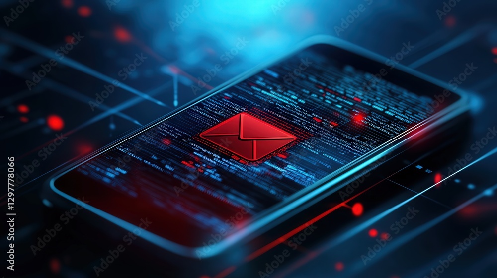 Poster phone interface showing sms spam and phishing scams with a red warning about an email system hack an