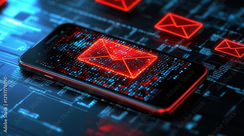 Poster phone interface showing sms spam and phishing scams with a red warning about an email system hack an