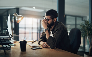 Burnout, computer and web design with man in office for website coding or programming deadline with...
