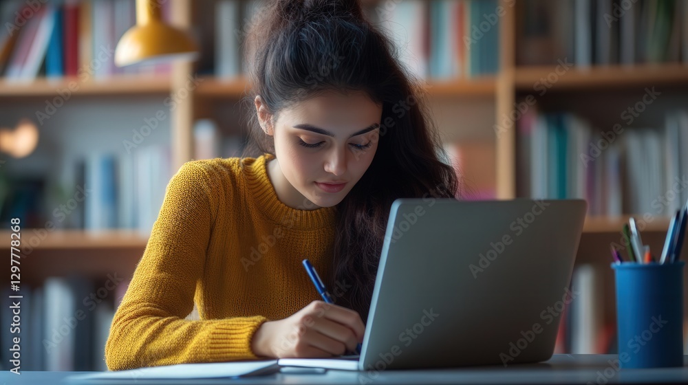 Poster student writes notes in her notebook during a virtual classroom session, using her laptop to follow 
