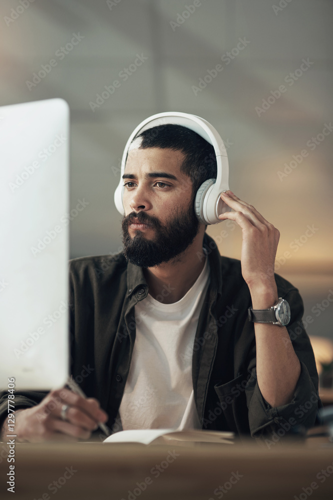 Poster Creative, man and headphones with computer, idea and video editor with night and writing for project. Content creation, deadline and person with tech, post production and design process with music