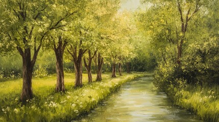 picturesque spring scene with rain trees growing alongside a meandering stream, their leaves bright green and the air filled with the scent of fresh growth