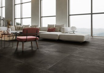 Fototapeta premium Large open concept living room with multiple expansive windows with view to garden landscaping comfortable furniture tv recliner electric fireplace hardwood floor white interior houseplant. 3D Render