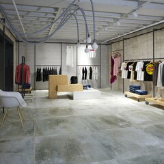 Stylish clothes, shoes and hats in boutique interior, marble floor. A rack with stylish clothes next to a white wall in the room. Clothing retails concept. Advertise, sale, fashion. 3D Rendering
