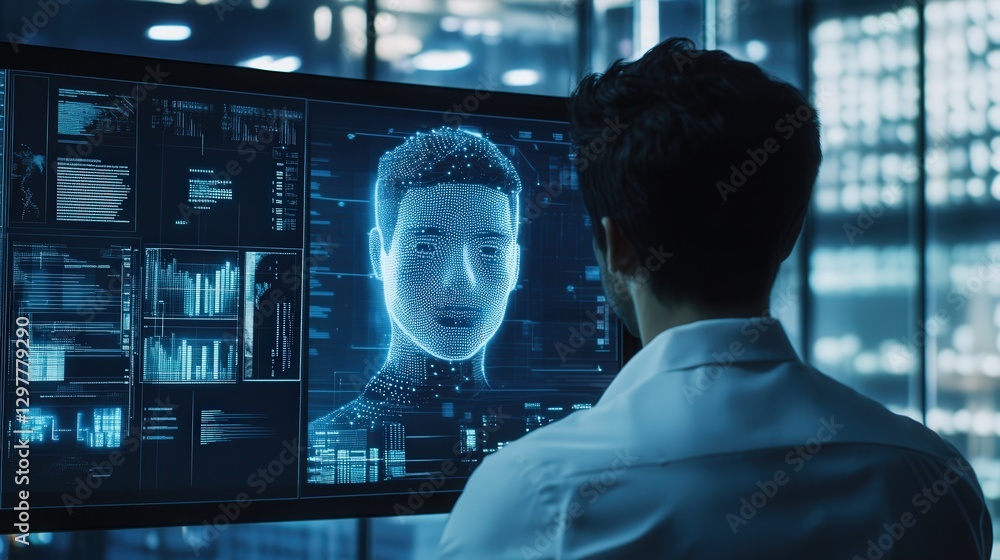 Poster professional business environment where ai technology assists in processing data, automating routine