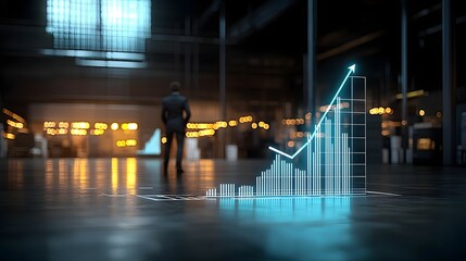 Fototapeta premium A photo depicting a stylized 3D business chart rising sharply with a backlit businessman softly out of focus in the background