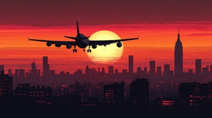 Naklejka premium Sunset Flight Over City Skyline