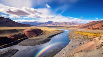 Fototapeta premium Rainbow's embrace over arid highlands river under expansive azure sky