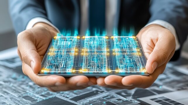 Human hands hold a glowing futuristic microchip showcasing data transmission and digital innovation with connectivity