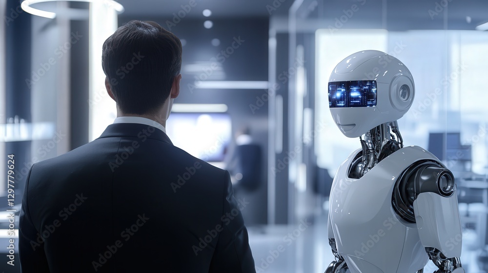 Poster office setting where ai technology assists a businessman in making better business decisions.