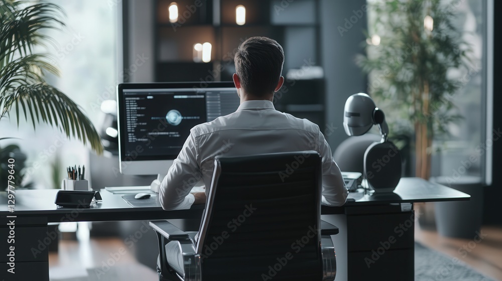 Poster office setting where ai technology assists a businessman in making better business decisions.
