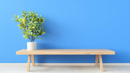 Minimalist Coffee Table with Green Plant Against Blue Wall Background