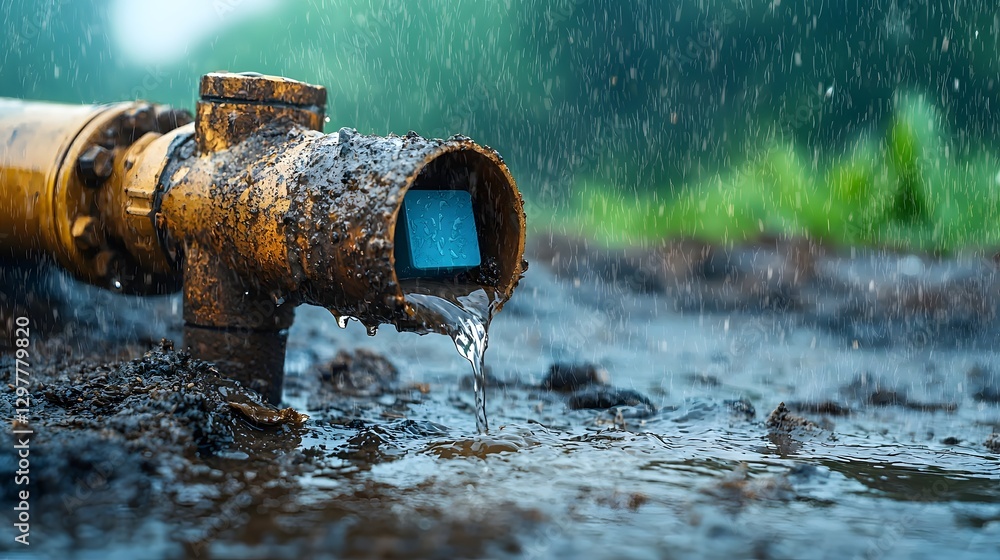 Poster close up view of a high tech water sensor device detecting leakage in a dripping water pipe showcasi