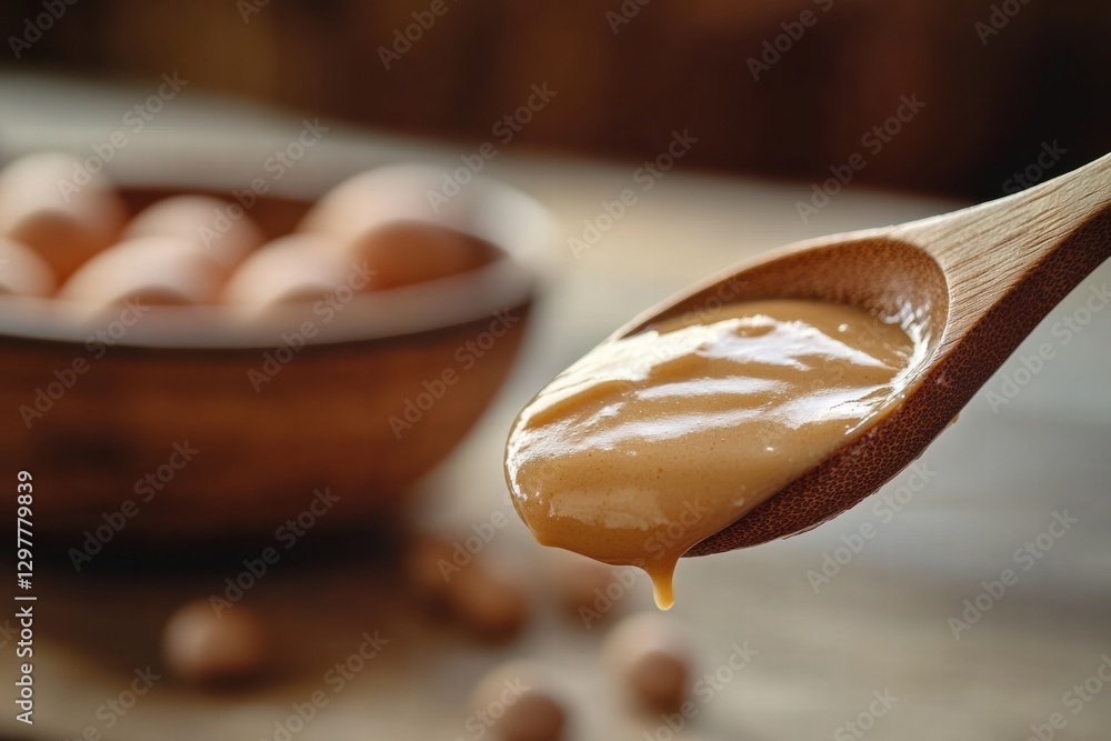 Poster creamy nut butter drizzled from a wooden spoon above a bowl of fresh eggs on a rustic table. generat