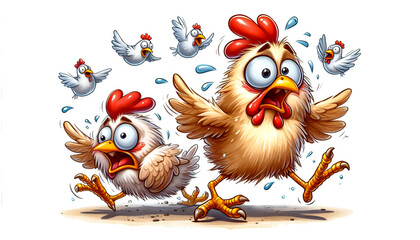 Watercolor Clipart of Funny cartoon crazy panicked chickens. Watercolor clipart illustration isolated on a white background