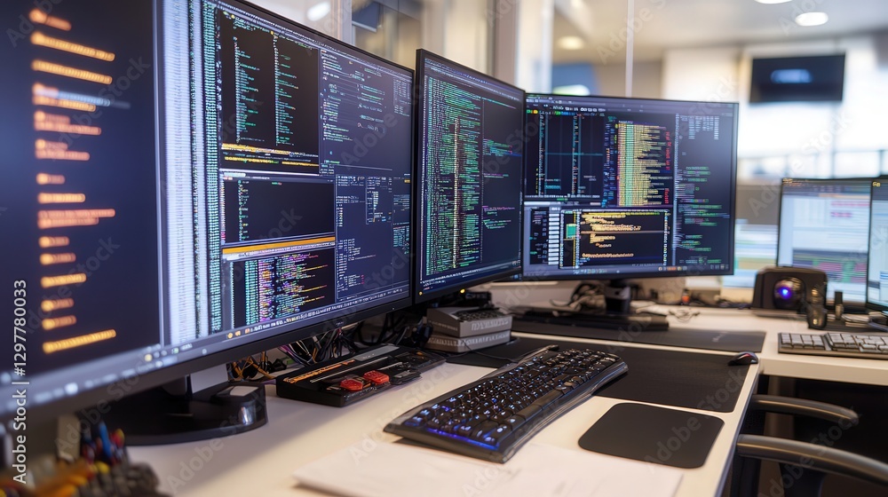 Poster professional workspace where an it developer works on software updates.