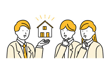 家づくり相談会のイメージイラスト―住宅を提示するビジネスマンと若い夫婦