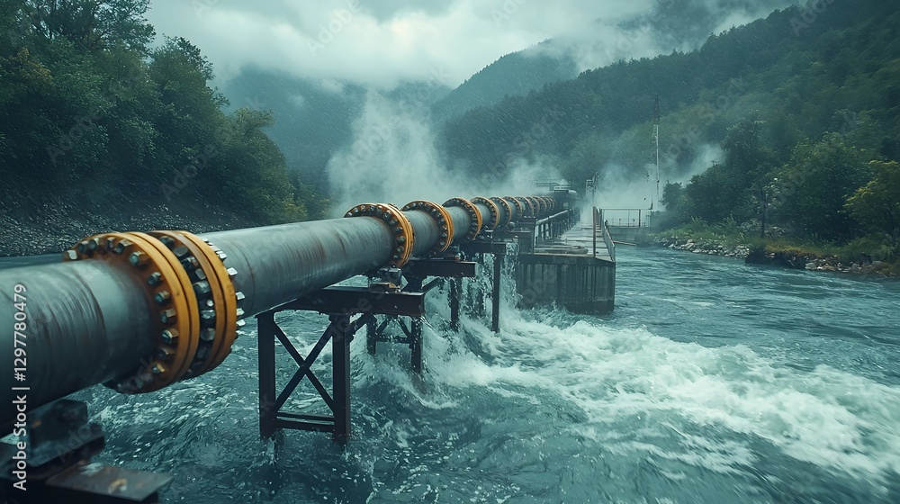 Poster aerial panoramic view of a sturdy water pipeline bridge extending across a scenic river ensuring con