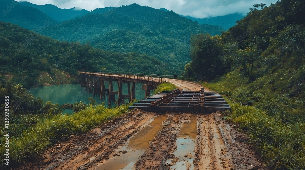 Poster aerial view of a water pipeline bridge extending across a river ensuring continuous water supply for