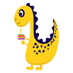 Birthday card with a picture of a yellow dinosaur on a white background with a piece of cake.