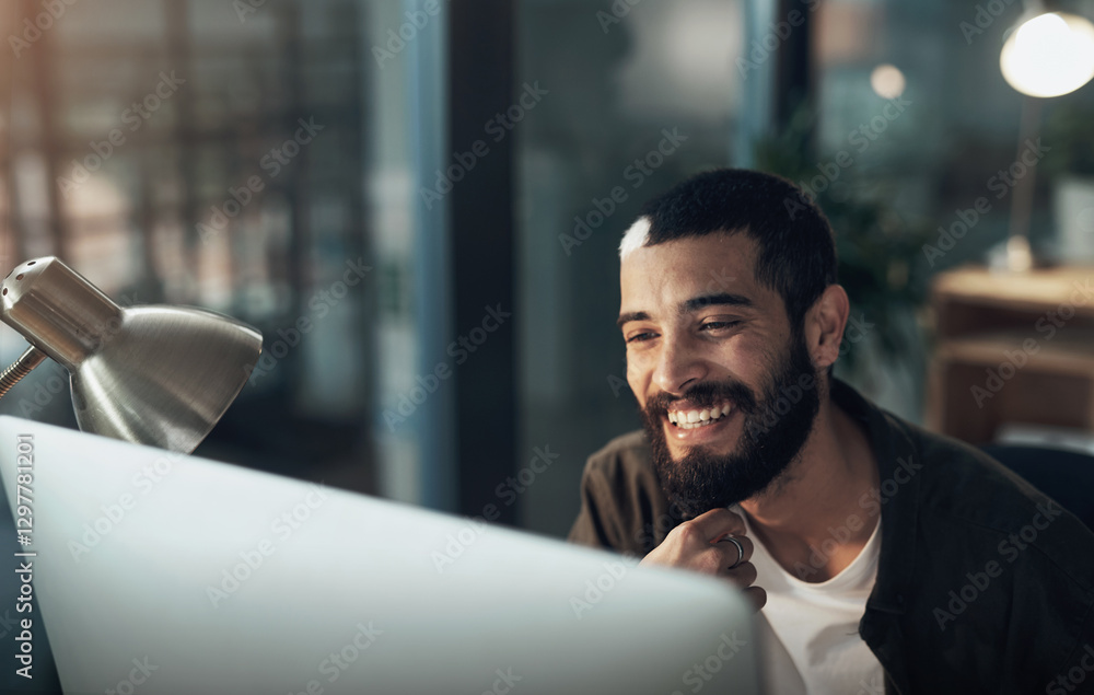 Aufkleber Computer, smile and thinking with designer man in office for website coding or programming deadline. Night, business and planning with happy programmer employee in creative workplace for overtime