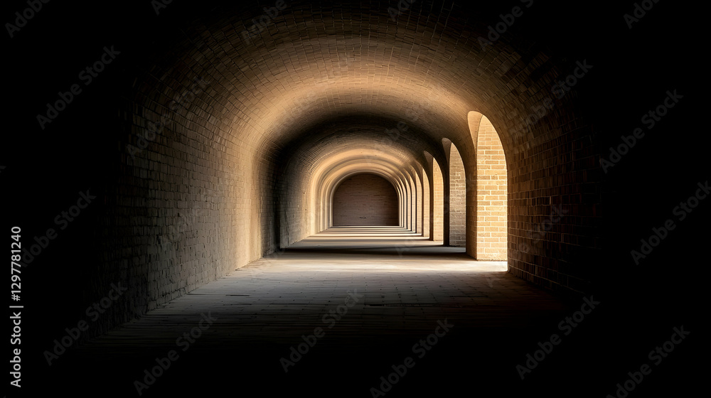 Poster arched stone tunnel perspective with light at the end creating shadow and depth