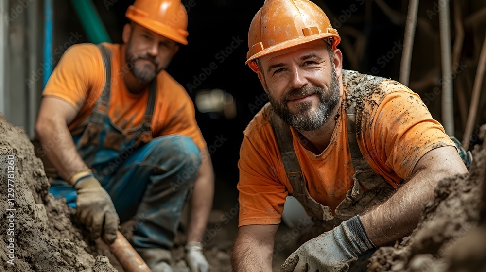 Poster a team of workers installing a new water pipeline system in a city