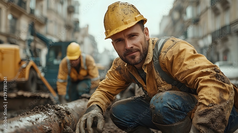 Poster photograph of workers installing a new water pipeline system in a city showcasing urban water infras