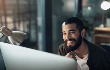 Computer, smile and thinking with designer man in office for website coding or programming...