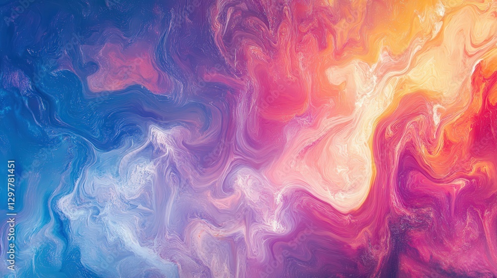 Poster holographic background with fluid metallic waves, dynamically shifting between shimmering pinks, blu