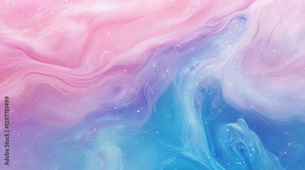 Poster holographic background with fluid metallic waves, dynamically shifting between shimmering pinks, blu